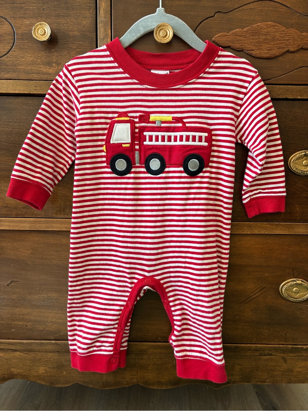 Red Striped Footie One-Piece with Fire Truck Applique